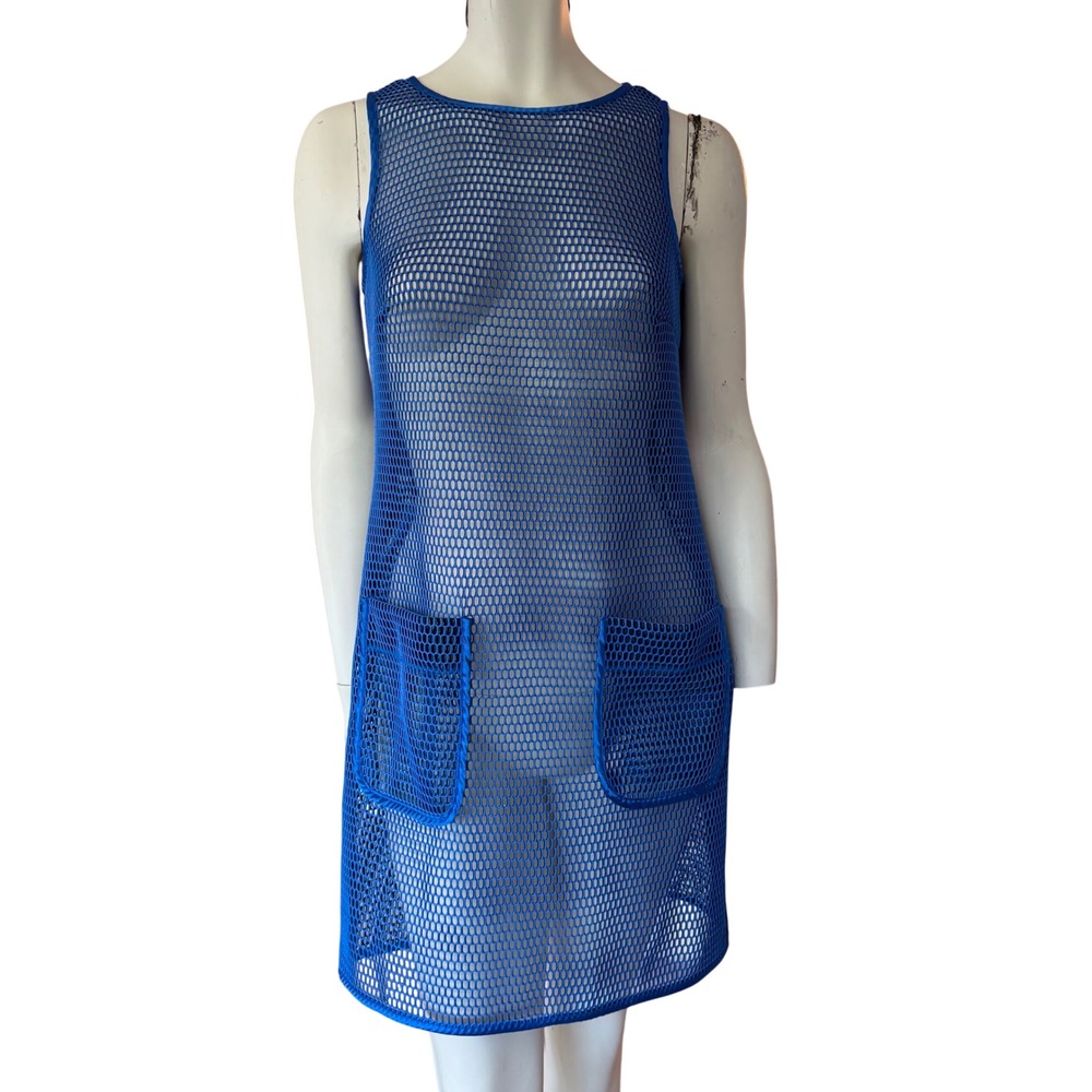 W‎ BY WORTH Mesh Net Mini Dress Blue Sheer Festival Rave Cybercore Art To Wear 6